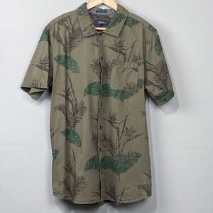 ROARK Classic Fit Shirt Sz L Olive Green Botanical Floral Short Sleeve Button Up